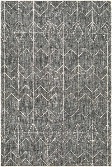 Close-up of the hand woven Kate Area Rug. Dark gray jute rug with a light gray geometric diamond pattern. Design-Rectangle-576