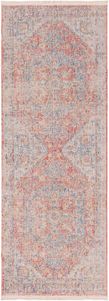 Close-up of the Tusa Light Pink Area Rug. Features a traditional, oriental pattern in light pink, red, and blue hues. Design-Runner-2773