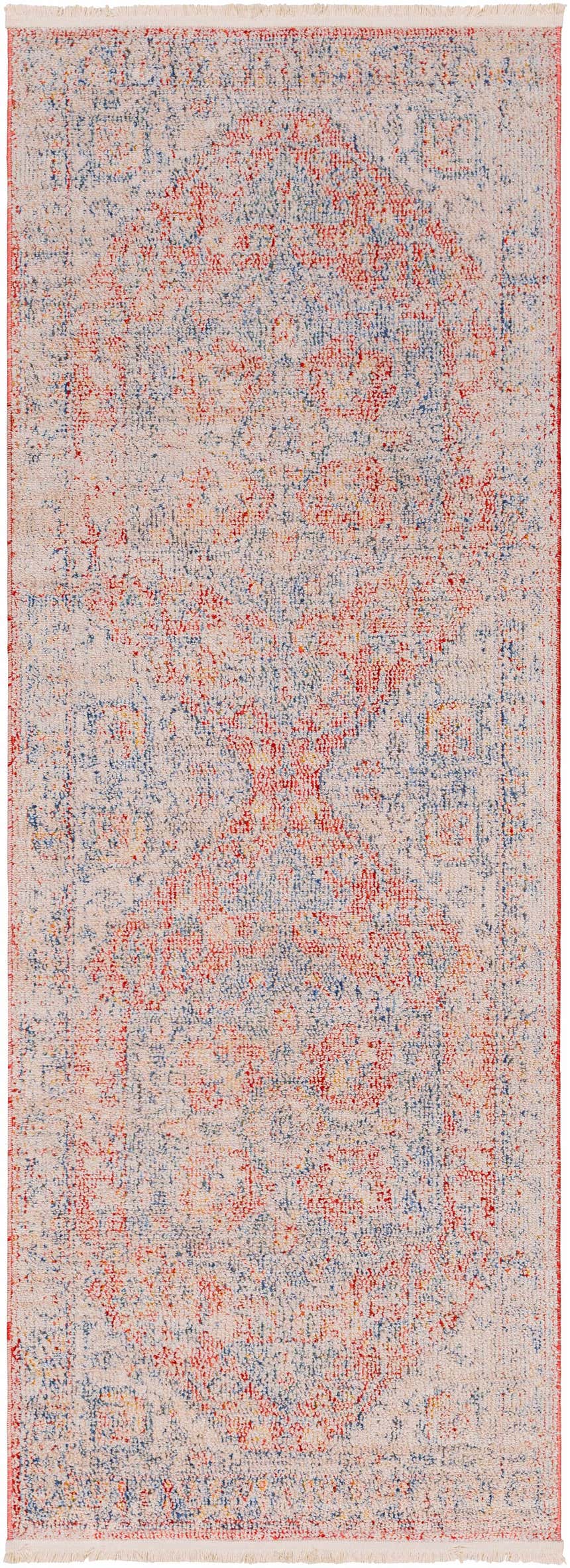 Close-up of the Tusa Light Pink Area Rug. Features a traditional, oriental pattern in light pink, red, and blue hues. Design-Runner-2773