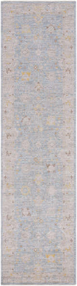 Close-up of the Kofi Thick Luxe Area Rug, a traditional runner rug with light blue, taupe, and amber floral patterns. Design-Runner-2710