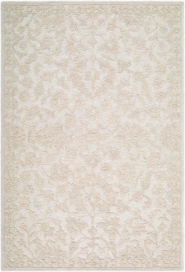Close-up of the Eligia Hybapi rug. Hand-tufted wool rug in ecru, ivory, and sandstone with a traditional floral pattern. Design-Rectangle-576