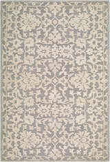 Close-up of the hand-tufted Kamran Homapu rug. Ivory floral pattern on a stone gray background. 100% wool traditional rug. Design-Rectangle-576