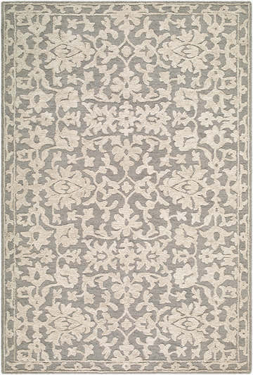Close-up of the hand-tufted Kamran Homapu rug. Ivory floral pattern on a stone gray background. 100% wool traditional rug. Design-Rectangle-576
