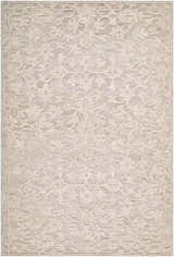 Close-up of the Hiromi Cugydu rug. Hand-tufted wool rug in beige, cream, and taupe with a traditional floral pattern. Design-Rectangle-576