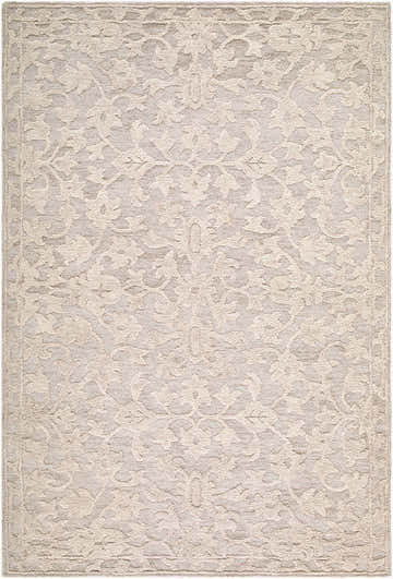 Close-up of the Hiromi Cugydu rug. Hand-tufted wool rug in beige, cream, and taupe with a traditional floral pattern. Design-Rectangle-576