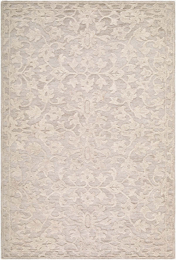 Close-up of the Hiromi Cugydu rug. Hand-tufted wool rug in beige, cream, and taupe with a traditional floral pattern. Design-Rectangle-576