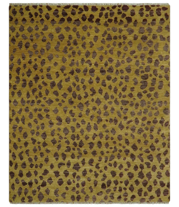 Leopard Design Mustard and Dark Plum Hand Knotted Custom Made wool area rug