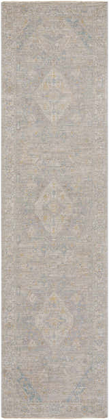 Close-up of Leya Thick Luxe Area Rug in taupe, tan, and blue. Farmhouse style, machine woven texture. Design-Runner-2710