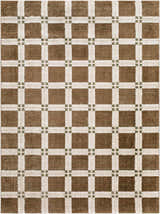 Close-up of the Kalkin Brown Area Rug. Features a brown, off-white, and olive green plaid pattern. Contemporary style. Design-Rectangle
