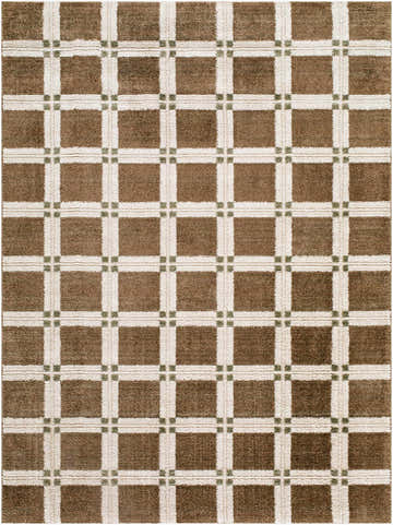 Close-up of the Kalkin Brown Area Rug. Features a brown, off-white, and olive green plaid pattern. Contemporary style. Design-Rectangle