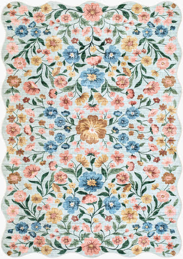 Powbl Blue Floralnature rug close-up. Machine woven polyester rug with blush pink, coral, light blue, sage, and yellow floral pattern. Design-Rectangle-576