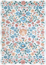 Muwo Floralnature rug close-up: coral, ivory, peach, sage, and sky blue floral pattern with a scalloped edge. Design-Rectangle-576