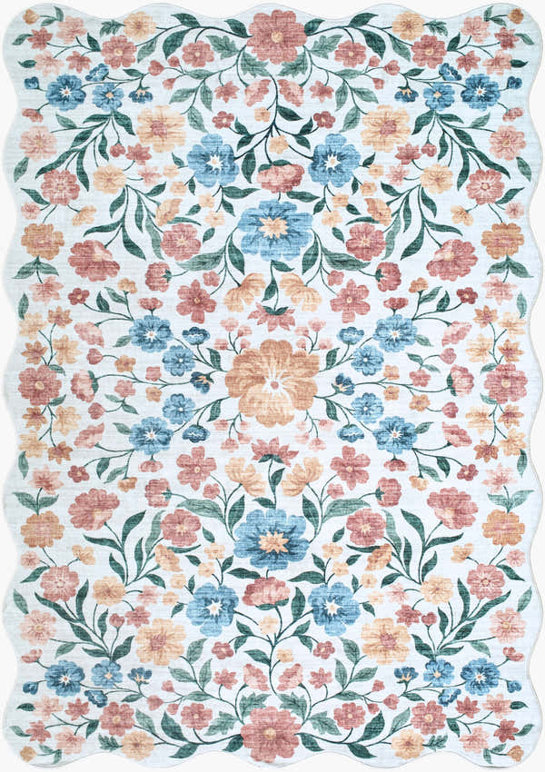 Muwo Floralnature rug close-up: coral, ivory, peach, sage, and sky blue floral pattern with a scalloped edge. Design-Rectangle-576