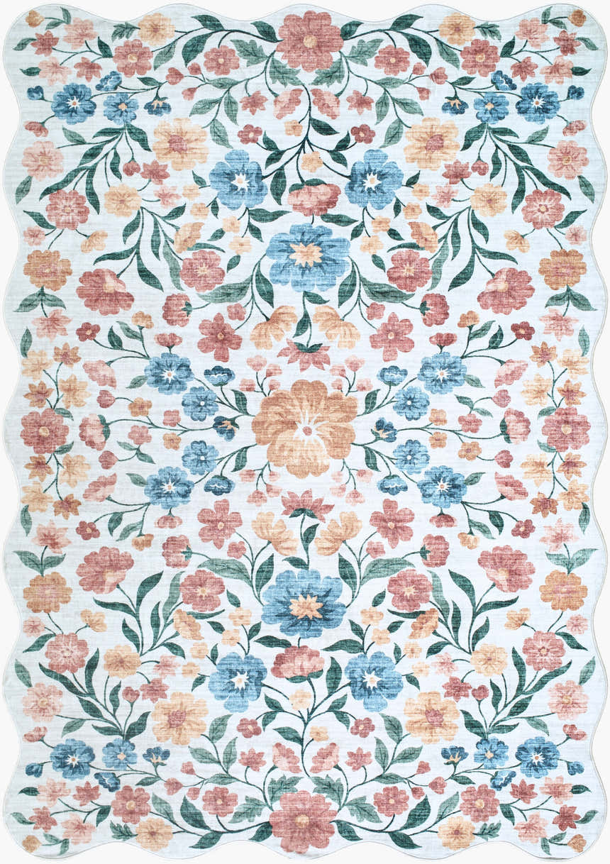 Muwo Floralnature rug close-up: coral, ivory, peach, sage, and sky blue floral pattern with a scalloped edge. Design-Rectangle-576