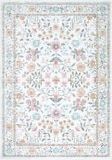 Close-up of Johnna Washable Area Rug. Machine-woven polyester rug in blush pink, gold, ivory, light blue, and sage floral pattern. Design-Rectangle-576