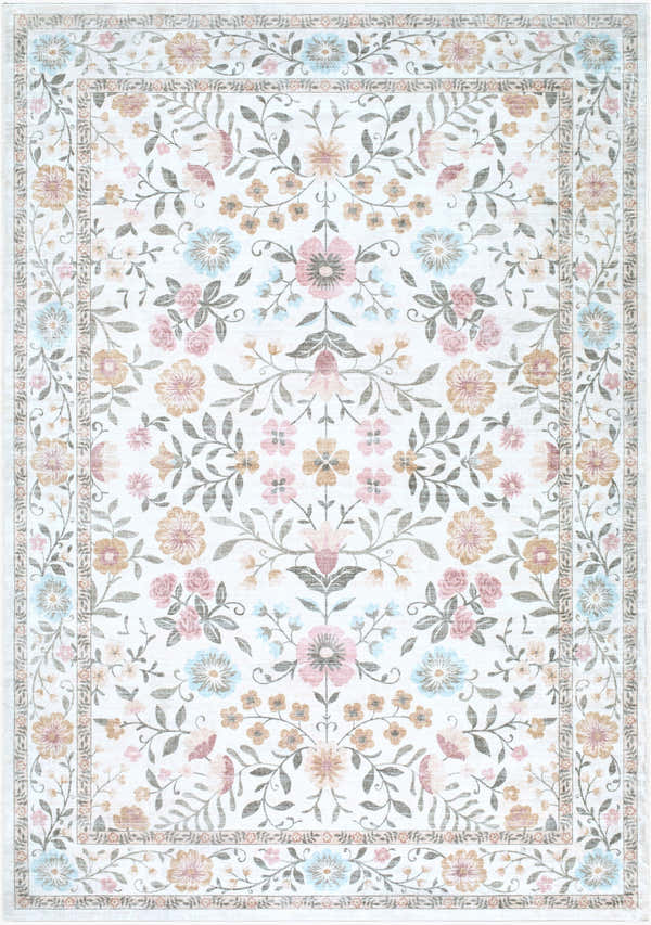 Close-up of Johnna Washable Area Rug. Machine-woven polyester rug in blush pink, gold, ivory, light blue, and sage floral pattern. Design-Rectangle-576