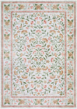 Close-up of the Ferlin Washable Area Rug. Features a floral pattern with coral, cream, olive, pink, and sage hues. Design-Rectangle-576
