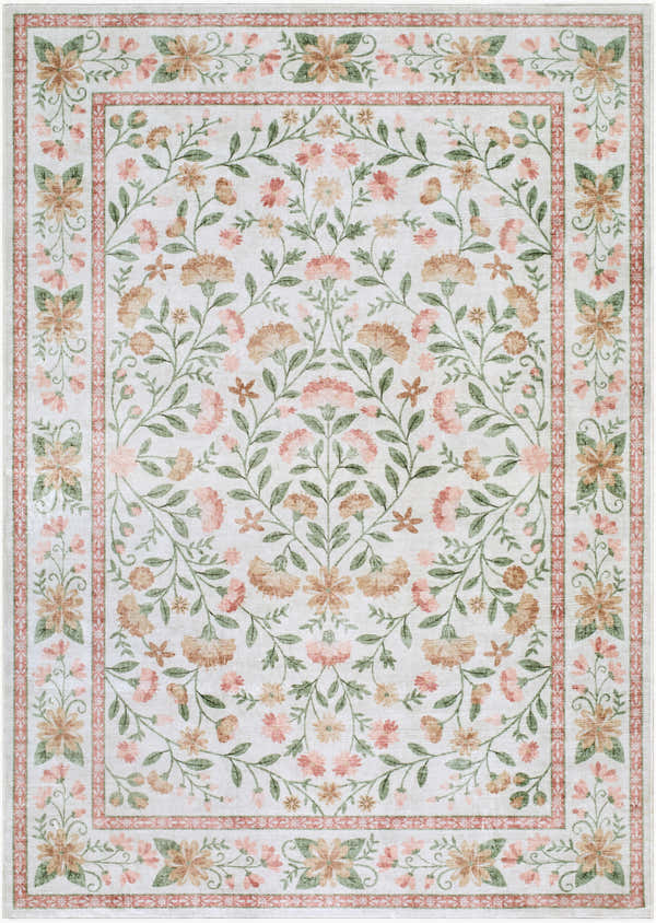 Close-up of the Ferlin Washable Area Rug. Features a floral pattern with coral, cream, olive, pink, and sage hues. Design-Rectangle-576