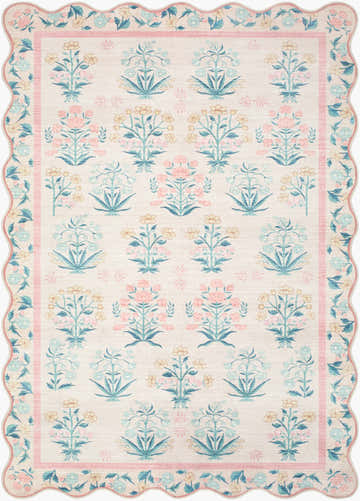 Close-up of the Bufae Floralnature rug. Modern floral pattern in blush pink, coral, gold, green, and ivory with a scalloped edge. Design-Rectangle-576