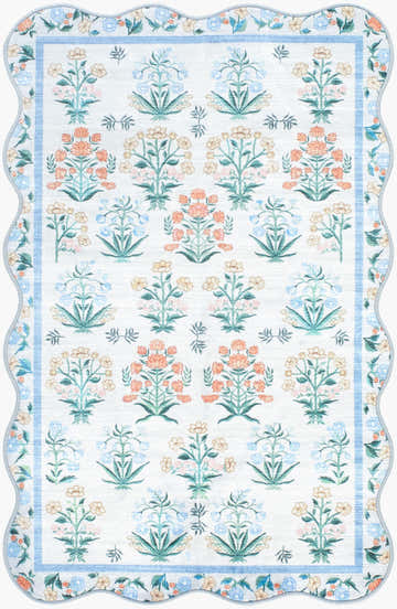 Hevua Blue Floralnature rug close-up. Machine woven polyester rug with coral, cream, green, peach, and sky blue floral pattern. Design-Rectangle-23
