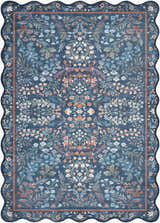 Close-up of the Pepo Blue Floralnature Rug, featuring a blue background and coral, ivory, and sage floral pattern. Scalloped edge. Design-Rectangle-576