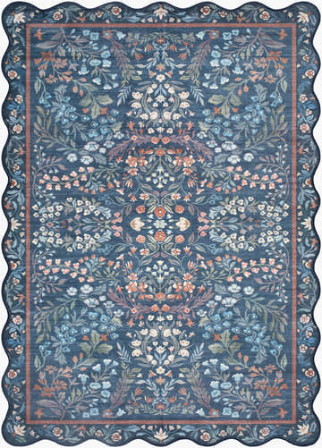 Close-up of the Pepo Blue Floralnature Rug, featuring a blue background and coral, ivory, and sage floral pattern. Scalloped edge. Design-Rectangle-576