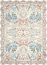 Close-up of the Likoa Ivory Floralnature Rug. Features a floral pattern in brown, coral, ivory, sage, and sky blue. Design-Rectangle-576