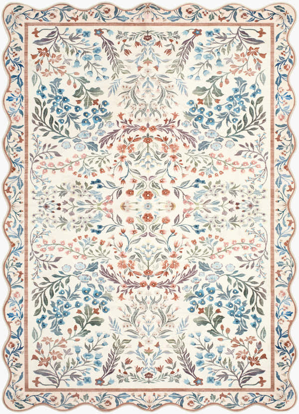 Close-up of the Likoa Ivory Floralnature Rug. Features a floral pattern in brown, coral, ivory, sage, and sky blue. Design-Rectangle-576