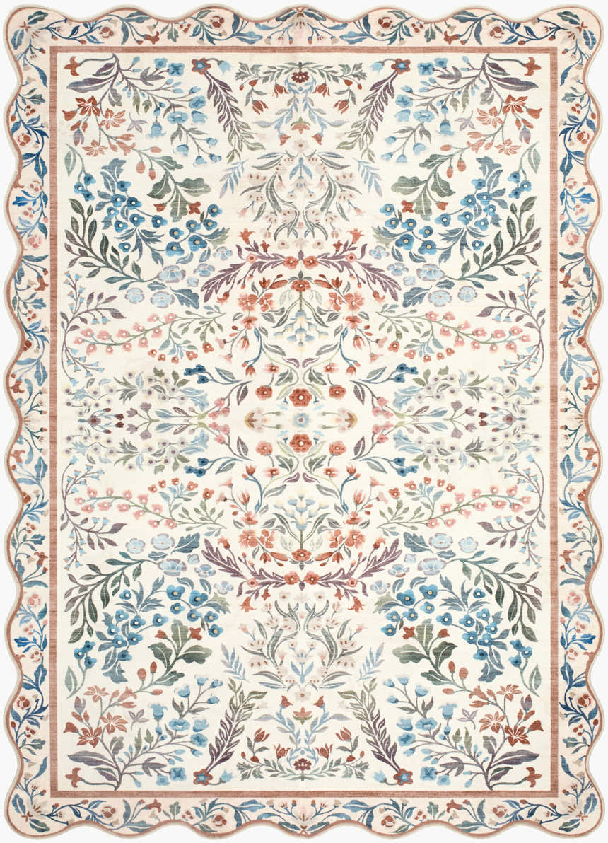 Close-up of the Likoa Ivory Floralnature Rug. Features a floral pattern in brown, coral, ivory, sage, and sky blue. Design-Rectangle-576