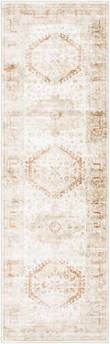 Close-up of the Laran Rust Distressed Washable Area Rug, featuring a traditional geometric pattern in ash, brick red, and light gray. Design-Runner-268