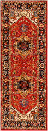 Close-up of the Malpas Area Rug, a machine-woven runner with a traditional oriental pattern in black, burgundy, and ivory. Design-Runner-2773