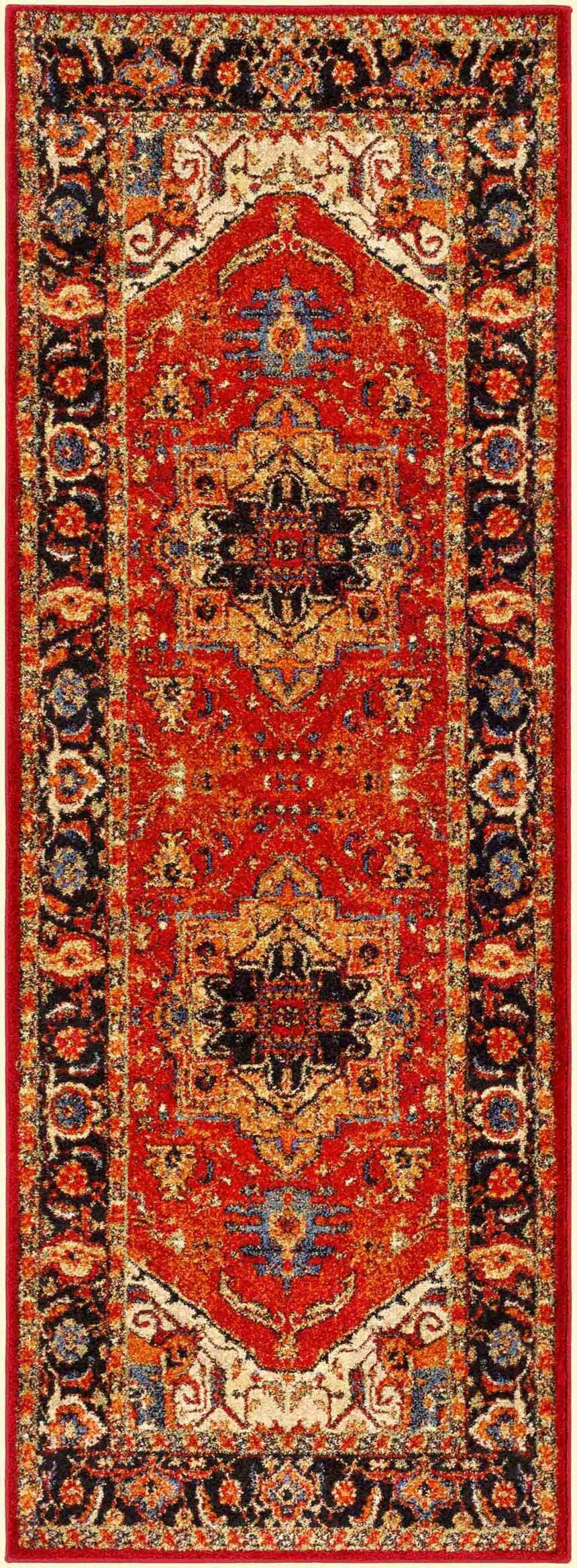 Close-up of the Malpas Area Rug, a machine-woven runner with a traditional oriental pattern in black, burgundy, and ivory. Design-Runner-2773