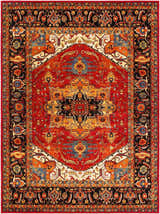 Detailed Malpas Area Rug featuring a traditional oriental design in red, black, orange, and blue. Design-Rectangle-710106