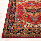 Close up of the Malpas Area Rug, a traditional rug with black, burgundy, and orange tones. Front