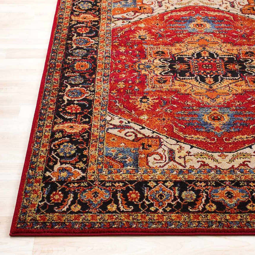Close up of the Malpas Area Rug, a traditional rug with black, burgundy, and orange tones. Front