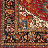 Close-up of the Malpas Area Rug showing its traditional floral pattern in black, burgundy, ivory, orange, and blue. Swatch