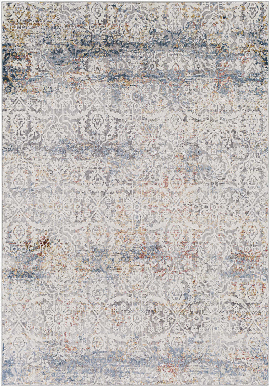 Close-up of the Marden Textured Luxe Area Rug showing its traditional pattern, brick red, cream, and blue hues. Design-Rectangle-573