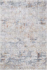 Close-up of the Marden Textured Luxe Area Rug featuring a traditional design in gray, cream, brick red, and blue tones. Design-Rectangle-6796