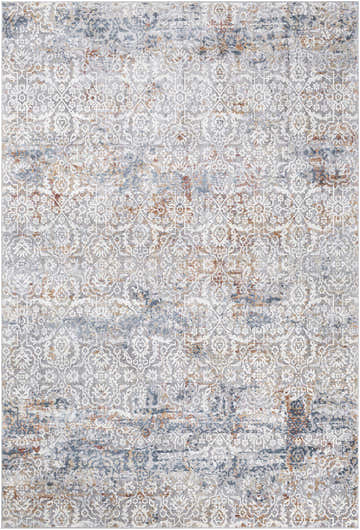 Close-up of the Marden Textured Luxe Area Rug featuring a traditional design in gray, cream, brick red, and blue tones. Design-Rectangle-6796