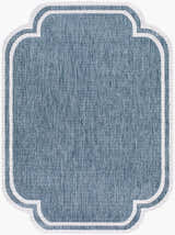 Close-up of the Arnola Area Rug, blue and cream farmhouse style with a unique quatrefoil shape. Design-Rectangle-537