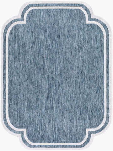 Close-up of the Arnola Area Rug, blue and cream farmhouse style with a unique quatrefoil shape. Design-Rectangle-537