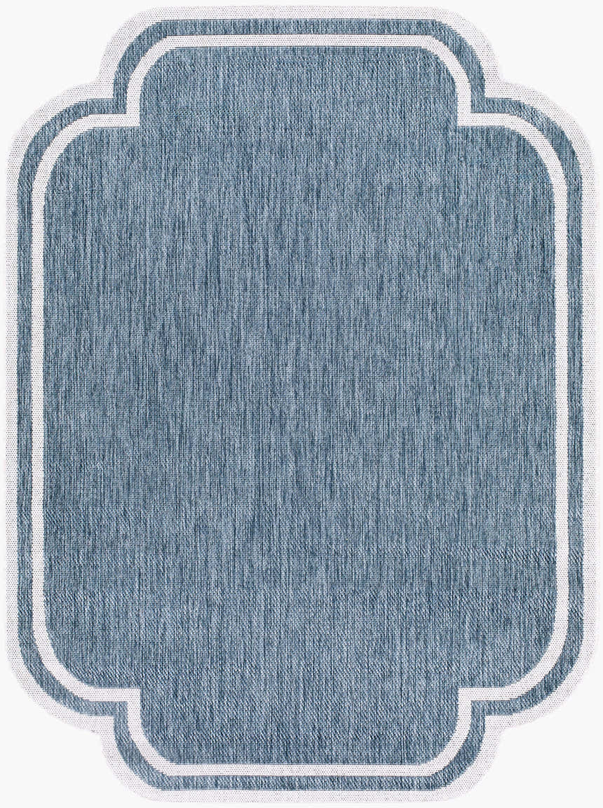 Close-up of the Arnola Area Rug, blue and cream farmhouse style with a unique quatrefoil shape. Design-Rectangle-537