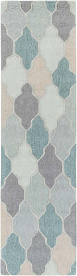Close-up of the Monteview Sage&Teal Geometric Wool Rug. Features a quatrefoil pattern in sage, teal, gray, and taupe hues. Design-Runner-38