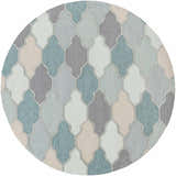 Close-up of the round Monteview Sage&Teal Geometric Wool Rug, featuring a quatrefoil pattern in sage, teal, gray, and taupe. Design-Round-8