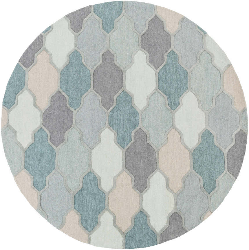 Close-up of the round Monteview Sage&Teal Geometric Wool Rug, featuring a quatrefoil pattern in sage, teal, gray, and taupe. Design-Round-8