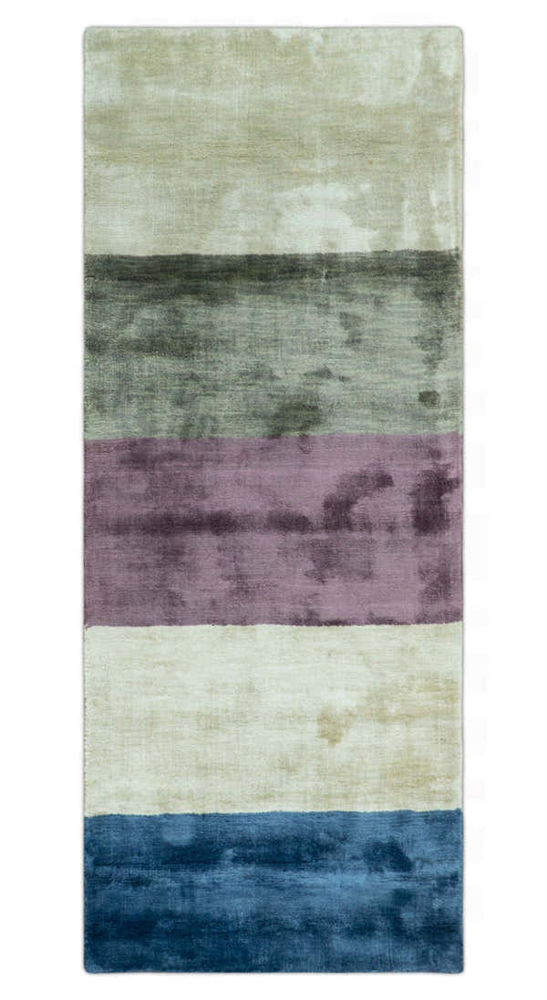 Modern design Ivory, Green and Blue 2x5 Hand Knotted Wool Area Rug