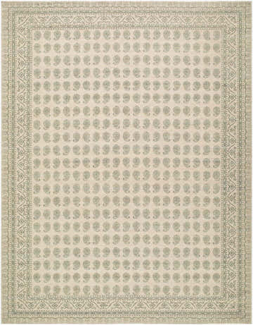 Close-up of Kuzae Green Persian rug. Jute rug with traditional paisley pattern in medium green, mustard, and off-white colors. Design-Rectangle-71010
