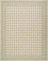 Close-up of Alo Machine Woven Nabela Noor rug. Farmhouse style with green paisley pattern on off-white jute and polyester. Design-Rectangle-71010