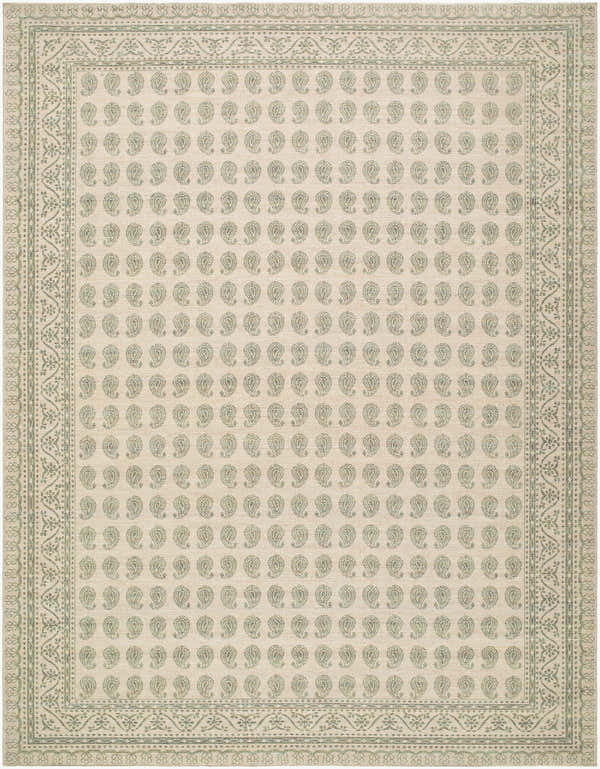 Close-up of Alo Machine Woven Nabela Noor rug. Farmhouse style with green paisley pattern on off-white jute and polyester. Design-Rectangle-71010