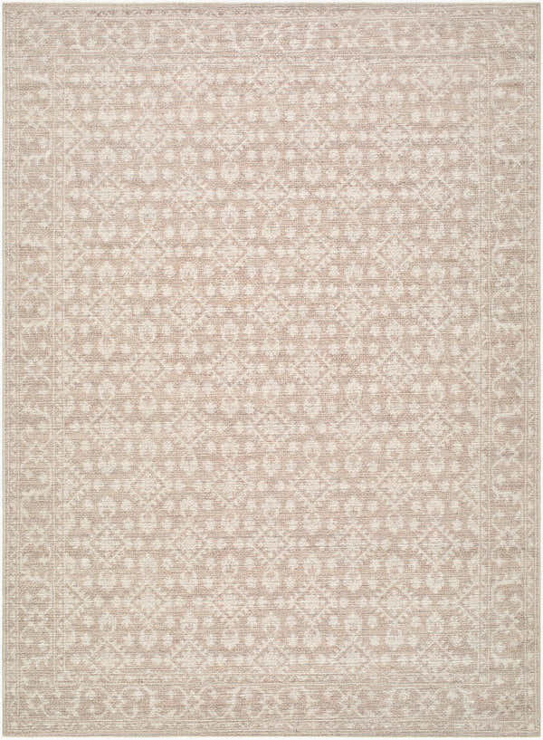 Close-up of the Aram Machine Woven Nabela Noor Home x LIVABLISS NBAR-2300 Area Rug. Beige and tan traditional pattern. Design-Rectangle-527